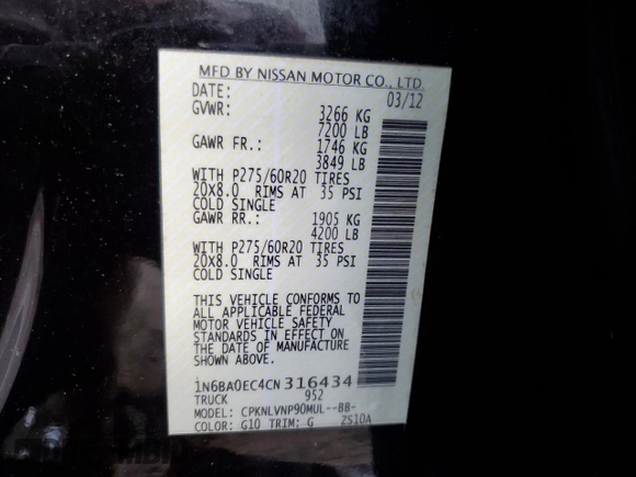 2012 Nissan Titan SV with VIN 1N6BA0EC4CN316434, listed as a Copart auction lot 43699955 with 147,840 mi miles and Clean Title. Bid and sale history available at carsss.com. Image 12.