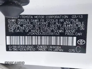 2013 Toyota Prius One with VIN JTDKN3DU3D0348163, listed as a IAAI auction lot 42115180 with 121,397 mi miles and . Bid and sale history available at DreamBid. Image 9.