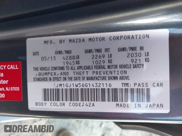 2016 Mazda Mazda6 i Grand Touring with VIN JM1GJ1W56G1432116, listed as a IAAI auction lot 41888066 with 124,182 mi miles. Bid and sale history available at carsss.com. Image 9.