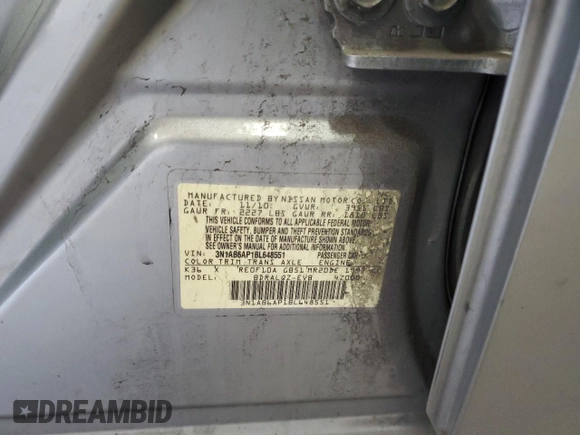 2011 Nissan Sentra SR with VIN 3N1AB6AP1BL648551, listed as a Copart auction lot 50561025 with 158,775 mi miles and Salvage Title. Bid and sale history available at DreamBid. Image 12.