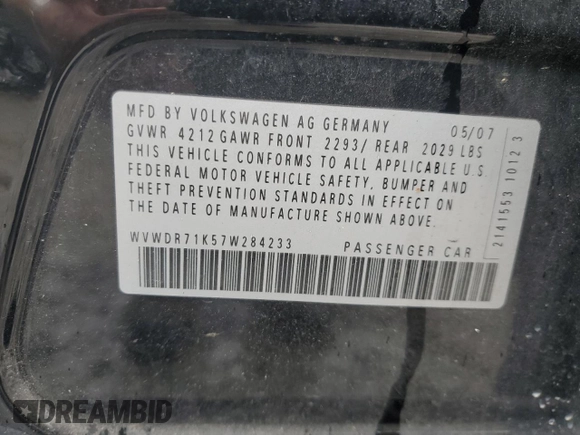 2007 Volkswagen Rabbit с VIN WVWDR71K57W284233, выставлен на аукционе Copart как лот 54092345 с пробегом 191 908 миль миль и Чистый • Clean title. История ставок и продаж доступна на DreamBid. Изображение 13.