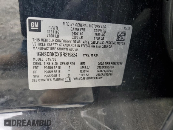 2016 Chevrolet Tahoe LT with VIN 1GNSCBKCXGR219824, listed as a Copart auction lot 61375945 with 135,817 mi miles and Salvage title. Bid and sale history available at DreamBid. Image 13.