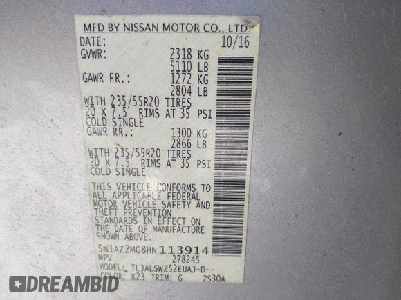 2017 Nissan Murano Platinum z VIN 5N1AZ2MG8HN113914, wystawiony jako IAAI lot #41212511 z przebiegiem 127 925 mil mil oraz . Historia ofert i sprzedaży dostępna na DreamBid. Obrazek 9.