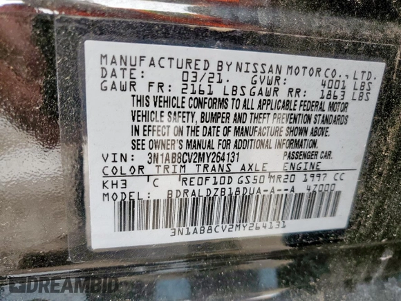 2021 Nissan Sentra SV with VIN 3N1AB8CV2MY264131, listed as a Copart auction lot 58061725 with 28,470 mi miles and Salvage title. Bid and sale history available at DreamBid. Image 12.