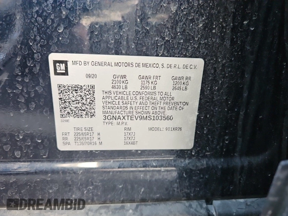 2021 Chevrolet Equinox LT with VIN 3GNAXTEV9MS103560, listed as a IAAI auction lot 42792222 with 116,754 mi miles and . Bid and sale history available at DreamBid. Image 16.