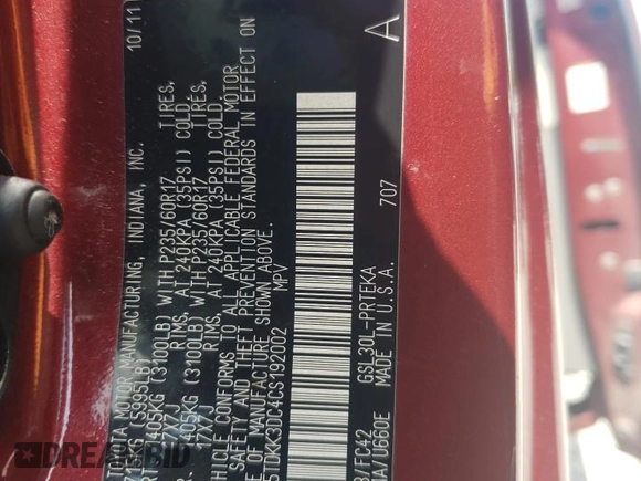 2012 Toyota Sienna LE AAS with VIN 5TDKK3DC4CS192002, listed as a Copart auction lot 61831895 with 173,293 mi miles and Salvage title. Bid and sale history available at DreamBid. Image 13.