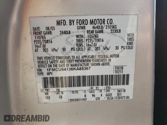 2006 Ford Escape Limited with VIN 1FMCU94136KA85367, listed as a Copart auction lot 55834035 with 249,920 mi miles and Salvage title. Bid and sale history available at DreamBid. Image 13.