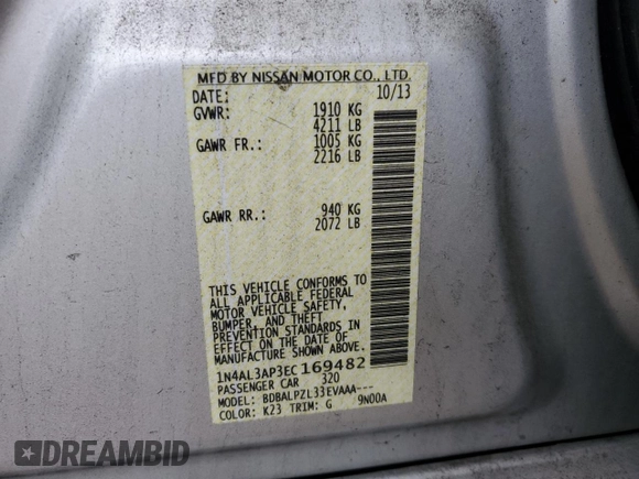 2014 Nissan Altima 2.5 with VIN 1N4AL3AP3EC169482, listed as a Copart auction lot 50961565 with 56,463 mi miles and Salvage Title. Bid and sale history available at carsss.com. Image 14.