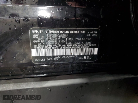 2022 Mitsubishi Outlander SE with VIN JA4J4UA8XNZ086077, listed as a Copart auction lot 55112805 with 39,859 mi miles and Salvage title. Bid and sale history available at DreamBid. Image 14.
