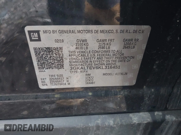 2019 GMC Terrain SLE с VIN 3GKALTEV6KL316451, выставлен на аукционе IAAI как лот 42535326 с пробегом 74 087 миль миль и . История ставок и продаж доступна на DreamBid. Изображение 9.