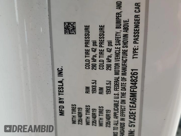 2021 Tesla Model 3 Standard Range Plus with VIN 5YJ3E1EA6MF048261, listed as a Copart auction lot 48680315 with Not Provided miles and Salvage Title. Bid and sale history available at DreamBid. Image 14.