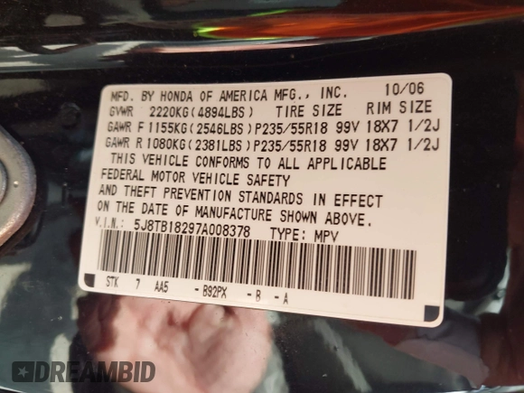2007 Acura RDX with VIN 5J8TB18297A008378, listed as a IAAI auction lot 42169452 with 150,404 mi miles and . Bid and sale history available at carsss.com. Image 9.