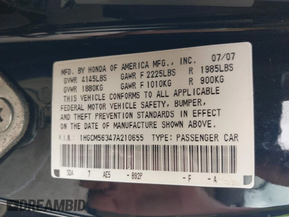 2007 Honda Accord LX SE with VIN 1HGCM56347A210655, listed as a IAAI auction lot 42126036 with 91,547 mi miles and . Bid and sale history available at DreamBid. Image 9.