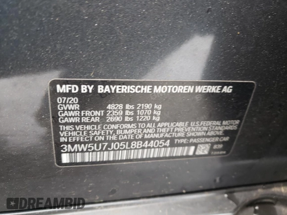 2020 BMW 3 Series M340i with VIN 3MW5U7J05L8B44054, listed as a Copart auction lot 50531364 with 38,012 mi miles and Salvage Title. Bid and sale history available at carsss.com. Image 13.