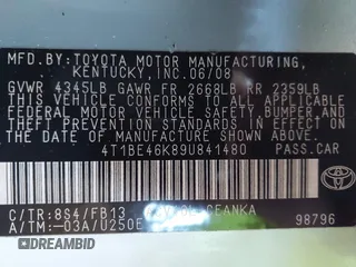 2009 Toyota Camry with VIN 4T1BE46K89U841480, listed as a IAAI auction lot 42127831 with 90,874 mi miles. Bid and sale history available at carsss.com. Image 9.