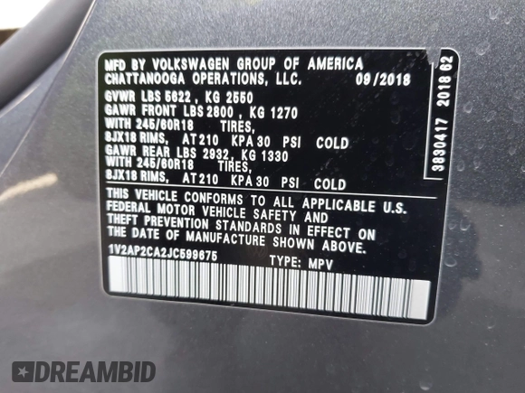 2018 Volkswagen Atlas S z VIN 1V2AP2CA2JC599675, wystawiony jako IAAI lot #42527327 z przebiegiem 84 445 mil mil oraz . Historia ofert i sprzedaży dostępna na DreamBid. Obrazek 9.