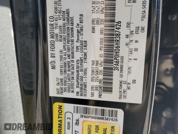 2017 Ford Fusion SE with VIN 3FA6P0HD6HR387426, listed as a Copart auction lot 49745735 with 112,268 mi miles and Salvage Title. Bid and sale history available at carsss.com. Image 13.
