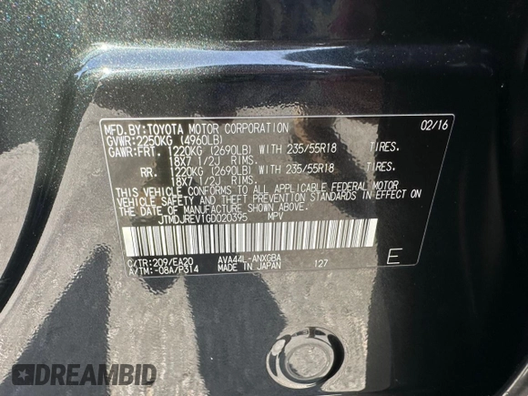 2016 Toyota RAV4 Limited with VIN JTMDJREV1GD020395, listed as a Copart auction lot 58956215 with 161,215 mi miles and Clean title. Bid and sale history available at DreamBid. Image 10.