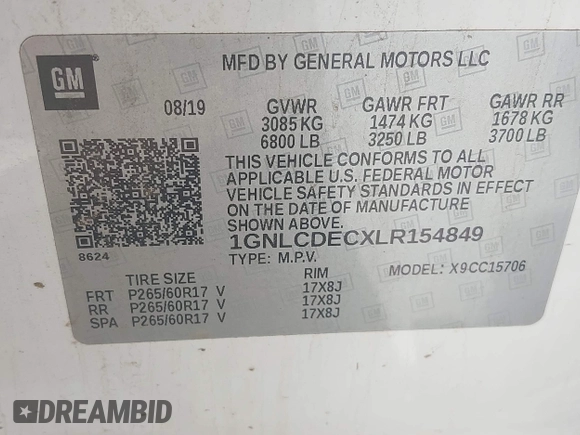 2020 Chevrolet Tahoe Commercial with VIN 1GNLCDECXLR154849, listed as a IAAI auction lot 42050778 with 124,771 mi miles and . Bid and sale history available at DreamBid. Image 9.