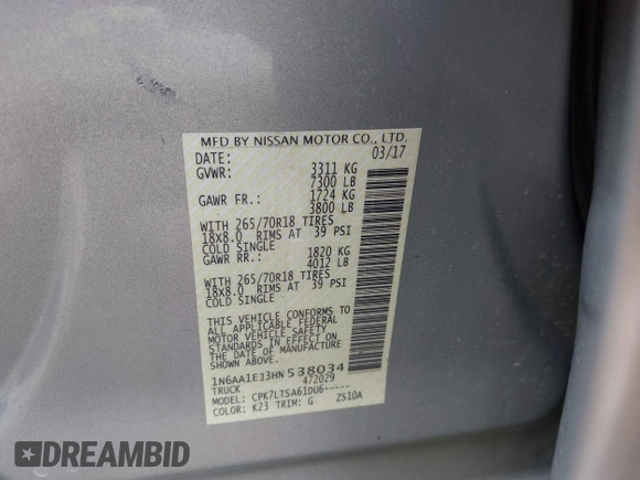 2017 Nissan Titan SV with VIN 1N6AA1EJ3HN538034, listed as a IAAI auction lot 41863785 with 204,198 mi miles and . Bid and sale history available at DreamBid. Image 9.