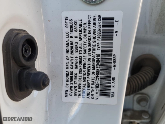 2019 Honda Civic Sedan Sport with VIN 19XFC2F88KE049418, listed as a Copart auction lot 49875945 with 57,619 mi miles and Salvage Title. Bid and sale history available at carsss.com. Image 14.