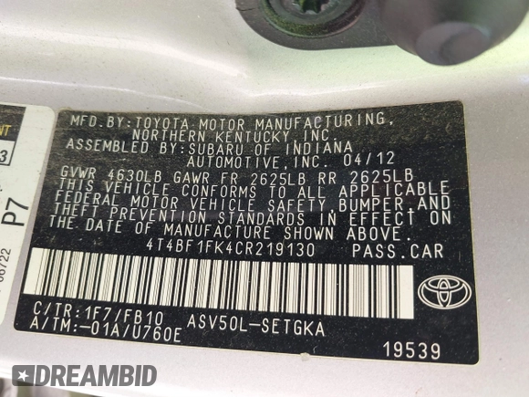 2012 Toyota Camry L with VIN 4T4BF1FK4CR219130, listed as a IAAI auction lot 41785186 with 351,916 mi miles. Bid and sale history available at carsss.com. Image 9.
