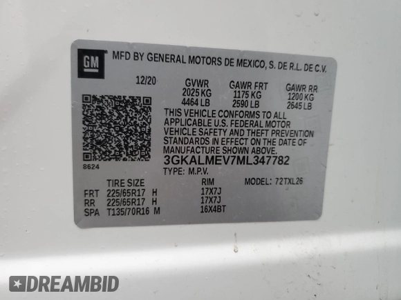 2021 GMC Terrain SLE с VIN 3GKALMEV7ML347782, выставлен на аукционе Copart как лот 83702264 с пробегом Не указан миль и Списание • Salvage title. История ставок и продаж доступна на DreamBid. Изображение 14.