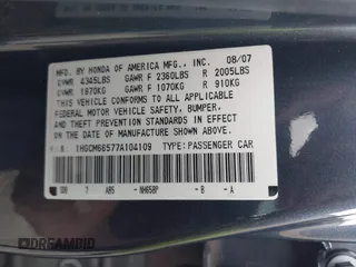 2007 Honda Accord EX-L z VIN 1HGCM66577A104109, wystawiony jako IAAI lot #42310205 z przebiegiem 160 934 mil mil oraz . Historia ofert i sprzedaży dostępna na DreamBid. Obrazek 9.