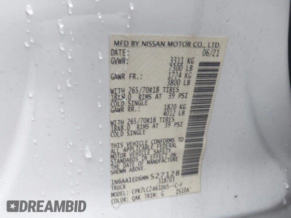 2021 Nissan Titan Pro-4X с VIN 1N6AA1ED6MN527128, выставлен на аукционе IAAI как лот 40101731 с пробегом 37 634 миль миль и . История ставок и продаж доступна на DreamBid. Изображение 9.