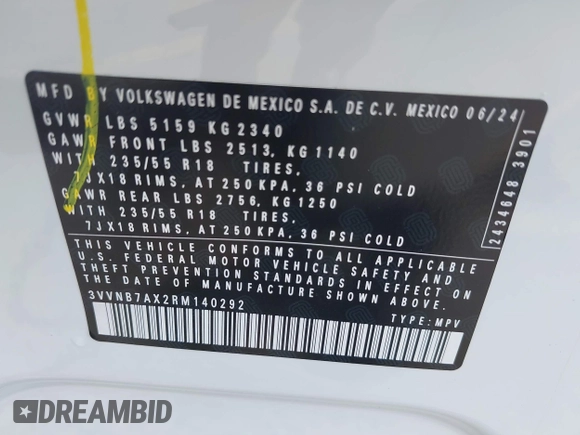 2024 Volkswagen Tiguan SE with VIN 3VVNB7AX2RM140292, listed as a IAAI auction lot 41899150 with 3,171 mi miles and . Bid and sale history available at DreamBid. Image 9.