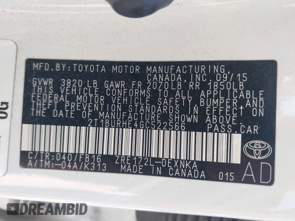 2016 Toyota Corolla L with VIN 2T1BURHE4GC522566, listed as a IAAI auction lot 42352448 with 133,424 mi miles and . Bid and sale history available at DreamBid. Image 9.