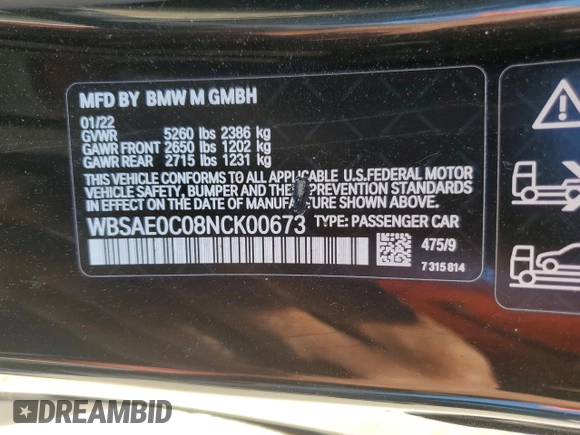 2022 BMW M8 Competition z VIN WBSAE0C08NCK00673, wystawiony jako Copart lot #61285334 z przebiegiem Nie podano mil oraz Szkoda całkowita • Salvage title. Historia ofert i sprzedaży dostępna na DreamBid. Obrazek 12.