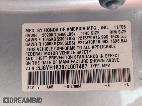 2007 Honda Element LX with VIN 5J6YH18367L007487, listed as a IAAI auction lot 42084074 with 175,186 mi miles and . Bid and sale history available at DreamBid. Image 9.