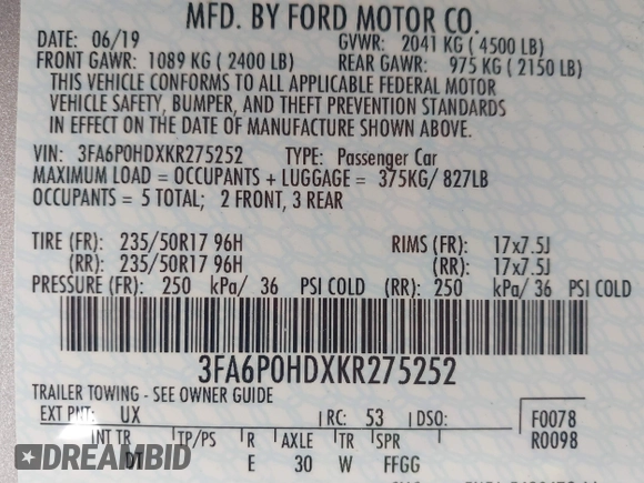2019 Ford Fusion SE with VIN 3FA6P0HDXKR275252, listed as a IAAI auction lot 41918738 with 70,729 mi miles and . Bid and sale history available at DreamBid. Image 9.