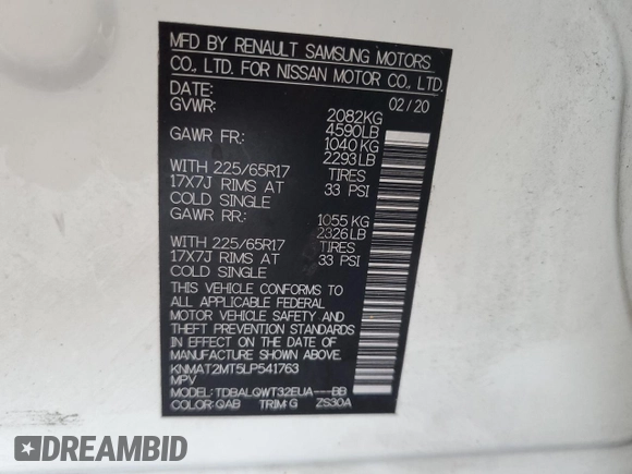 2020 Nissan Rogue SV with VIN KNMAT2MT5LP541763, listed as a Copart auction lot 60808755 with 119,095 mi miles and Clean title. Bid and sale history available at DreamBid. Image 13.