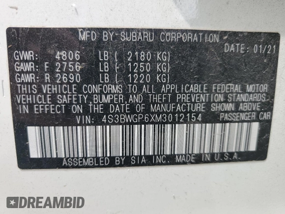 2021 Subaru Legacy Touring XT z VIN 4S3BWGP6XM3012154, wystawiony jako Copart lot #55762115 z przebiegiem 98 231 mil mil oraz Szkoda całkowita • Salvage title. Historia ofert i sprzedaży dostępna na DreamBid. Obrazek 12.