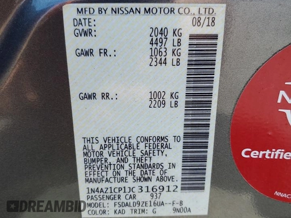 2018 Nissan LEAF SV с VIN 1N4AZ1CP1JC316912, выставлен на аукционе Copart как лот 54693045 с пробегом 49 031 миль миль и Списание • Salvage title. История ставок и продаж доступна на DreamBid. Изображение 13.