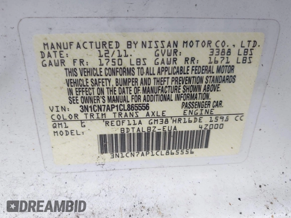 2012 Nissan Versa SV с VIN 3N1CN7AP1CL865556, выставлен на аукционе IAAI как лот 42264191 с пробегом 122 481 миль миль и . История ставок и продаж доступна на DreamBid. Изображение 9.