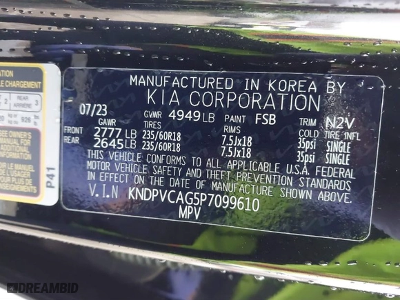 2023 Kia Sportage Hybrid EX with VIN KNDPVCAG5P7099610, listed as a IAAI auction lot 41774602 with NaN miles. Bid and sale history available at carsss.com. Image 9.