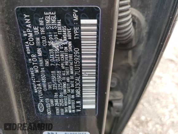 2020 Hyundai Tucson SEL с VIN KM8J3CAL7LU159290, выставлен на аукционе Copart как лот 55681085 с пробегом 50 148 миль миль и Списание • Salvage title. История ставок и продаж доступна на DreamBid. Изображение 12.