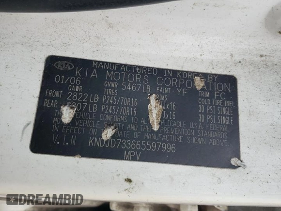 2006 Kia Sorento LX with VIN KNDJD733665597996, listed as a Copart auction lot 75821774 with 233,391 mi miles and Salvage title. Bid and sale history available at DreamBid. Image 14.