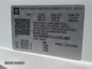 2020 Chevrolet Silverado 1500 Work Truck with VIN 3GCNWAEF1LG331483, listed as a Copart auction lot 44517375 with 100,453 mi miles and Salvage Title. Bid and sale history available at DreamBid. Image 12.