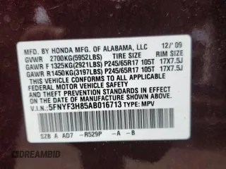 2010 Honda Pilot Touring with VIN 5FNYF3H85AB016713, listed as a Copart auction lot 47478055 with 97,275 mi miles and Salvage Title. Bid and sale history available at DreamBid. Image 15.
