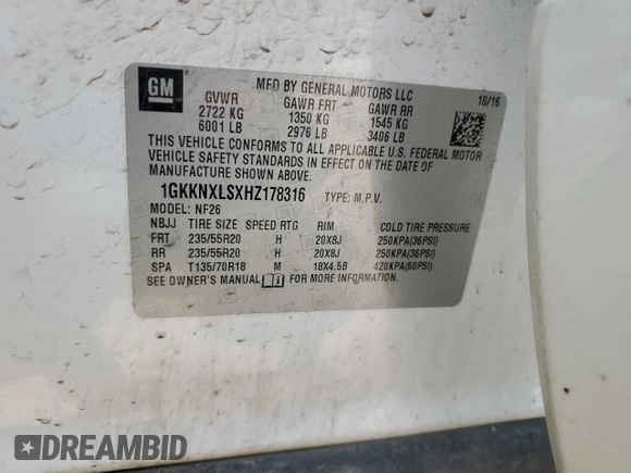 2017 GMC Acadia Denali with VIN 1GKKNXLSXHZ178316, listed as a Copart auction lot 58015355 with 166,540 mi miles and Salvage title. Bid and sale history available at DreamBid. Image 12.