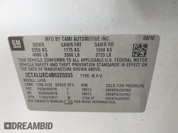 2011 GMC Terrain SLT-1 with VIN 2CTALUEC4B6220293, listed as a IAAI auction lot 41736554 with 162,929 mi miles and . Bid and sale history available at carsss.com. Image 9.
