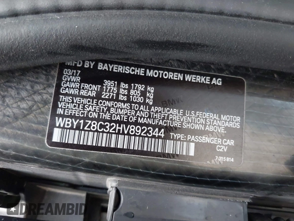 2017 BMW i3 z VIN WBY1Z8C32HV892344, wystawiony jako IAAI lot #42245334 z przebiegiem 48 335 mil mil oraz . Historia ofert i sprzedaży dostępna na DreamBid. Obrazek 9.