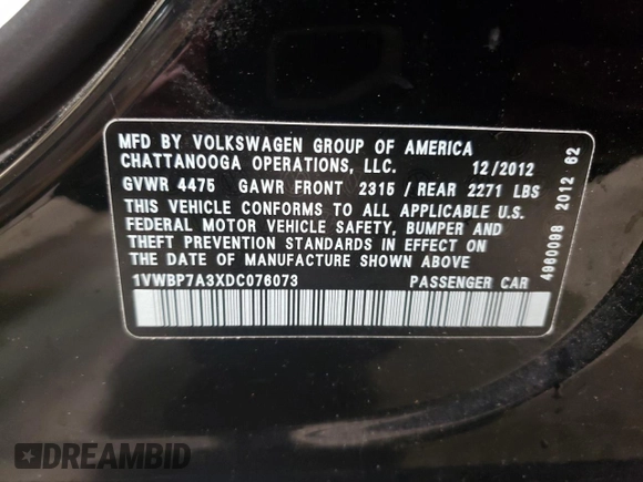2013 Volkswagen Passat SE w/Sunroof with VIN 1VWBP7A3XDC076073, listed as a Copart auction lot 51738845 with 138,024 mi miles and Salvage Title. Bid and sale history available at carsss.com. Image 14.