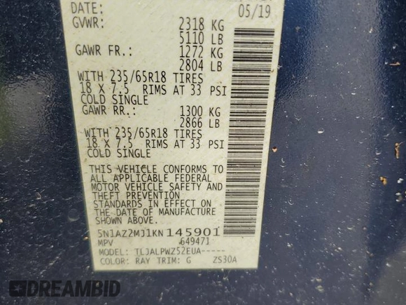 2019 Nissan Murano Platinum z VIN 5N1AZ2MJ1KN145901, wystawiony jako Copart lot #54577615 z przebiegiem 114 339 mil mil oraz Szkoda całkowita • Salvage title. Historia ofert i sprzedaży dostępna na DreamBid. Obrazek 13.