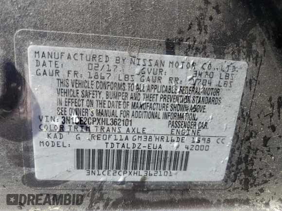 2017 Nissan Note SV with VIN 3N1CE2CPXHL362101, listed as a Copart auction lot 50027275 with 118,899 mi miles and Salvage Title. Bid and sale history available at DreamBid. Image 13.