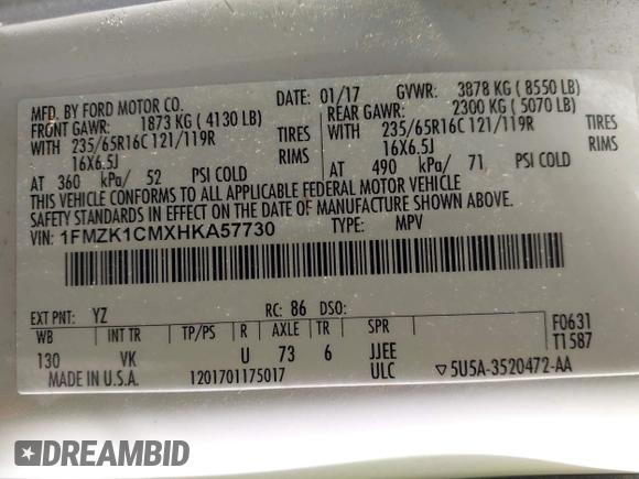 2017 Ford Transit Passenger XL with VIN 1FMZK1CMXHKA57730, listed as a IAAI auction lot 41835172 with 6,791 mi miles and . Bid and sale history available at DreamBid. Image 9.